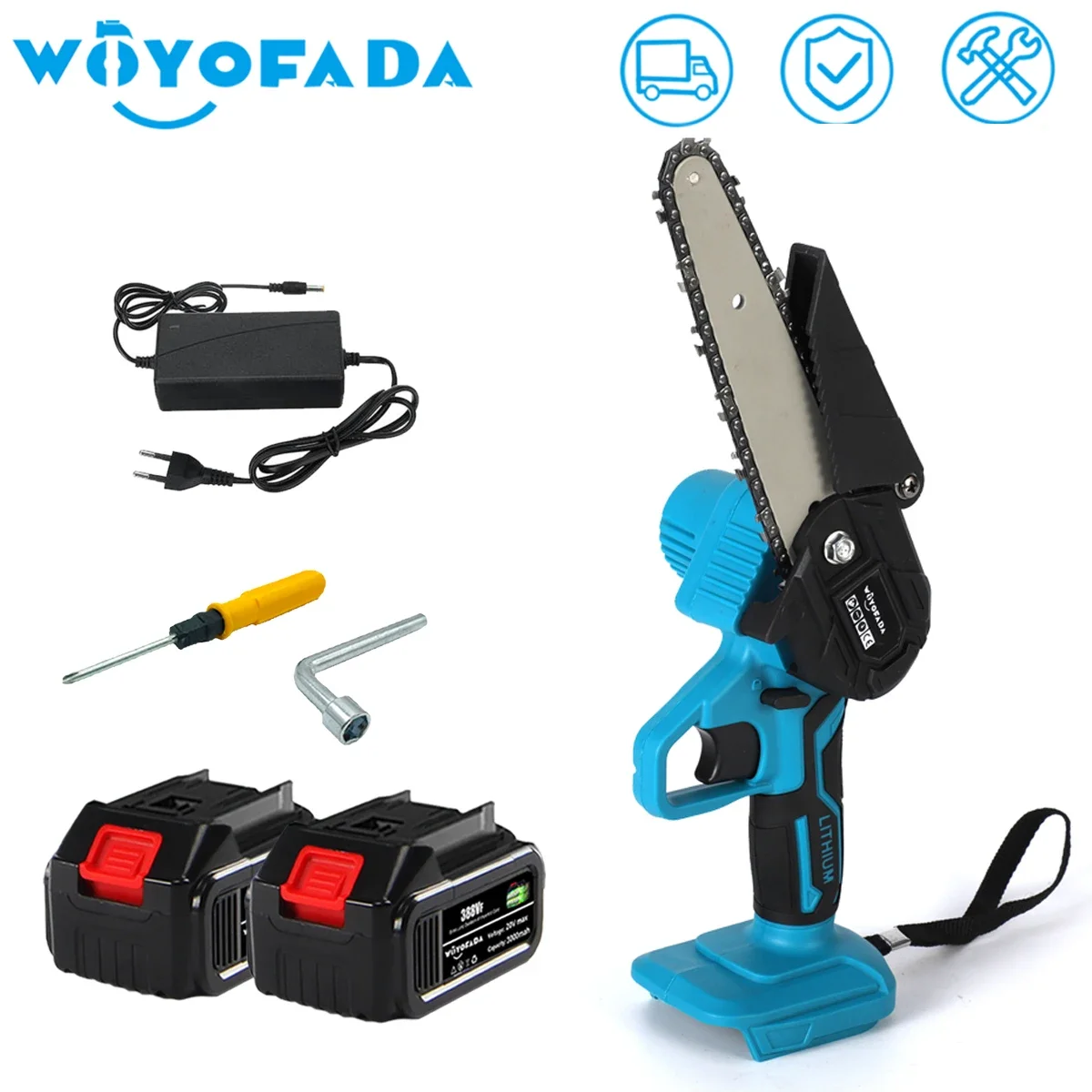 woyofada serra eletrica sem fio portatil mini motosserra poda serra de madeira ferramentas eletricas de jardim oiler para makita bateria 18v 6 01