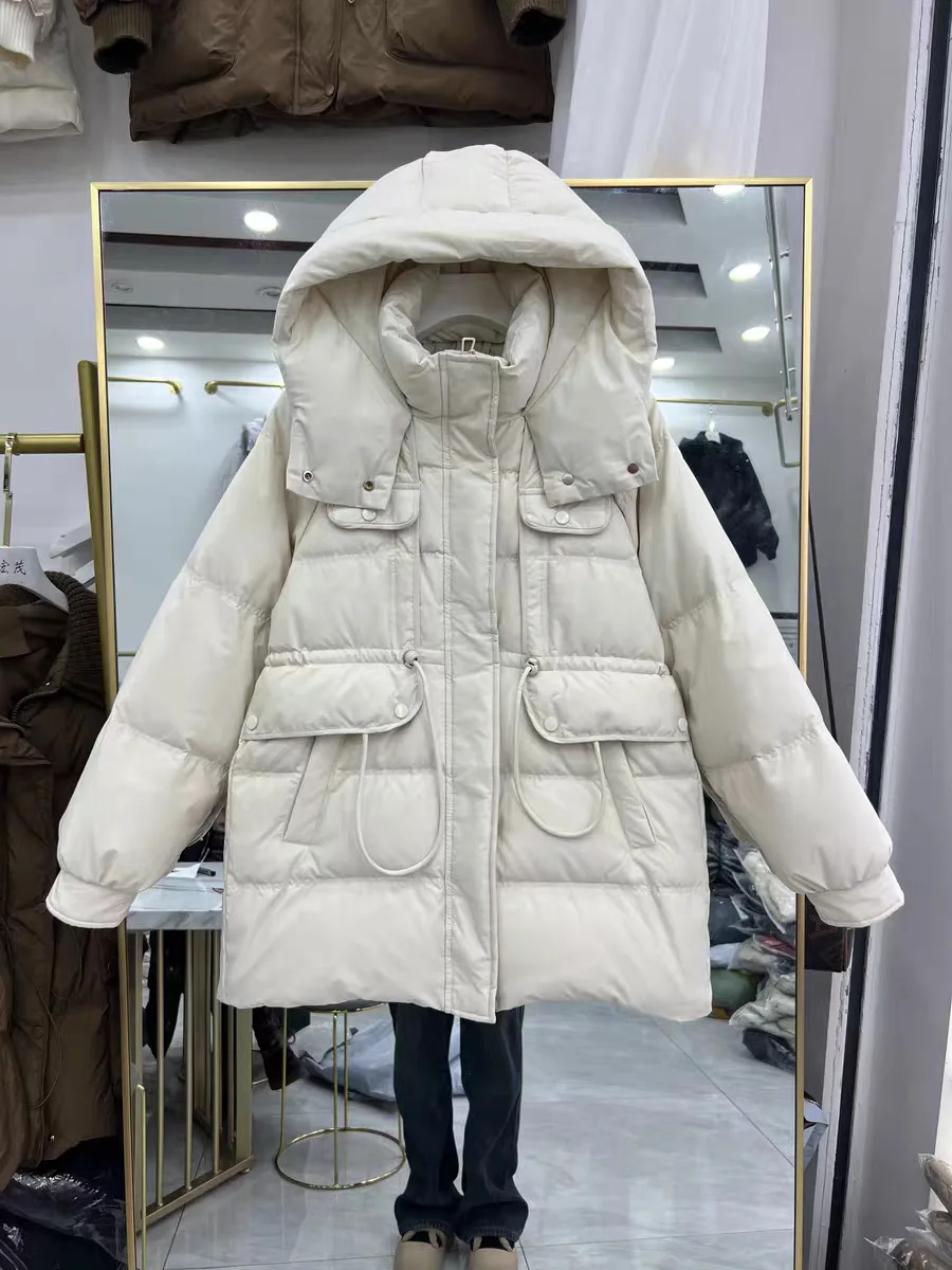 

Winter Drawstring Mid Length Hooded Down Jacket Women White Duck Down Multi Pocket Parker Outwear Female Thick Warm Loose Jacket