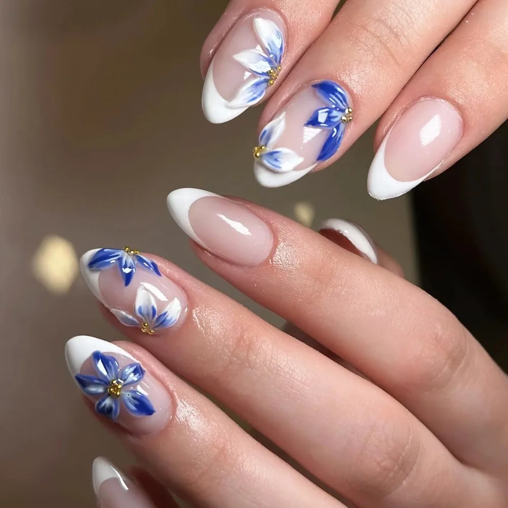 24PCS Luxury Emerald Green Flower Press on Nails Metallic Gold Ring 3D Resin Blossom Transparent Almond Shape Fake Nails - view 5