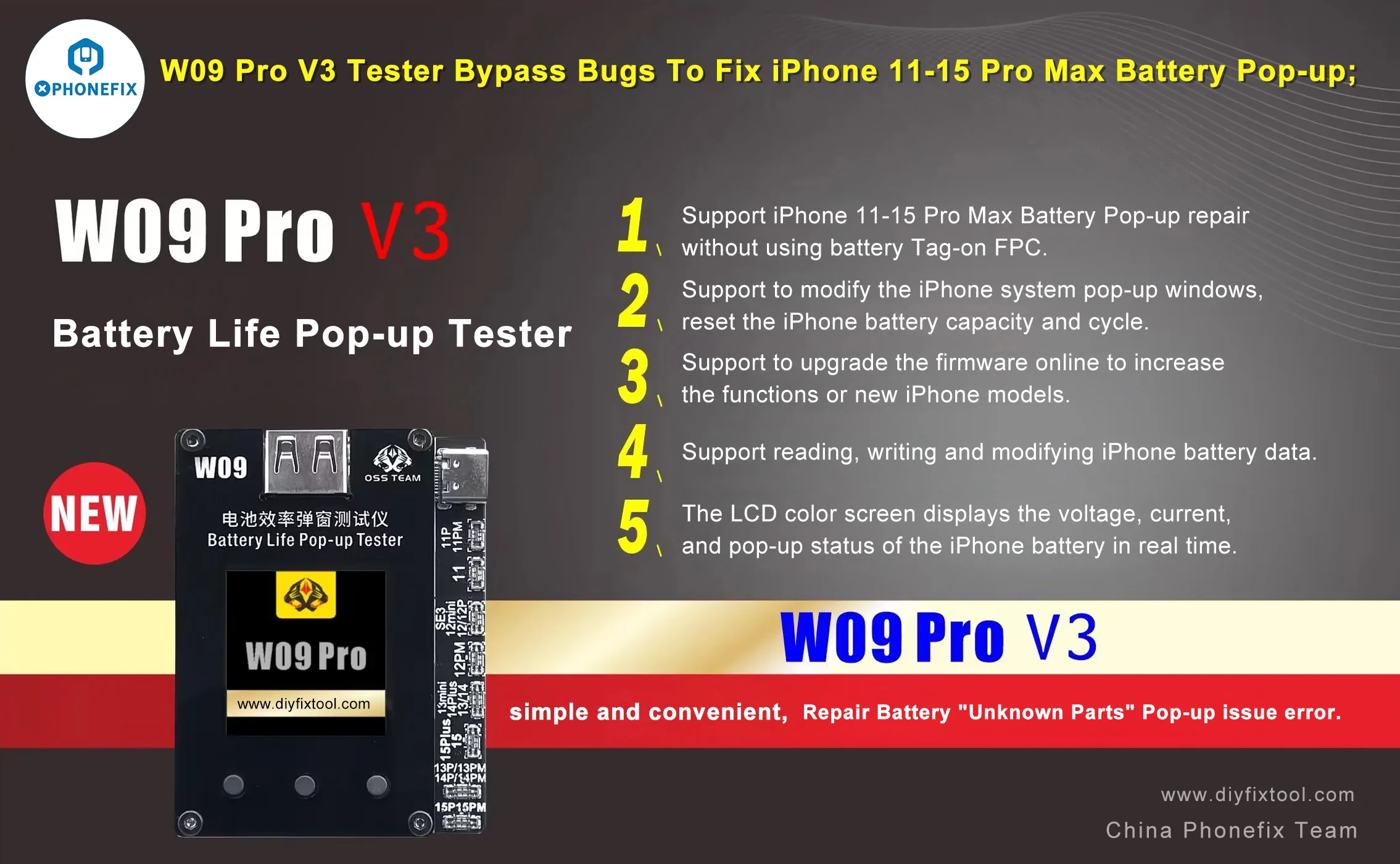 OSS W09 Pro programator do resetowania cyklu baterii W09 Pro elastyczny kabel wyskakujący Tester baterii do kalibracji baterii iPhone 11-15PM
