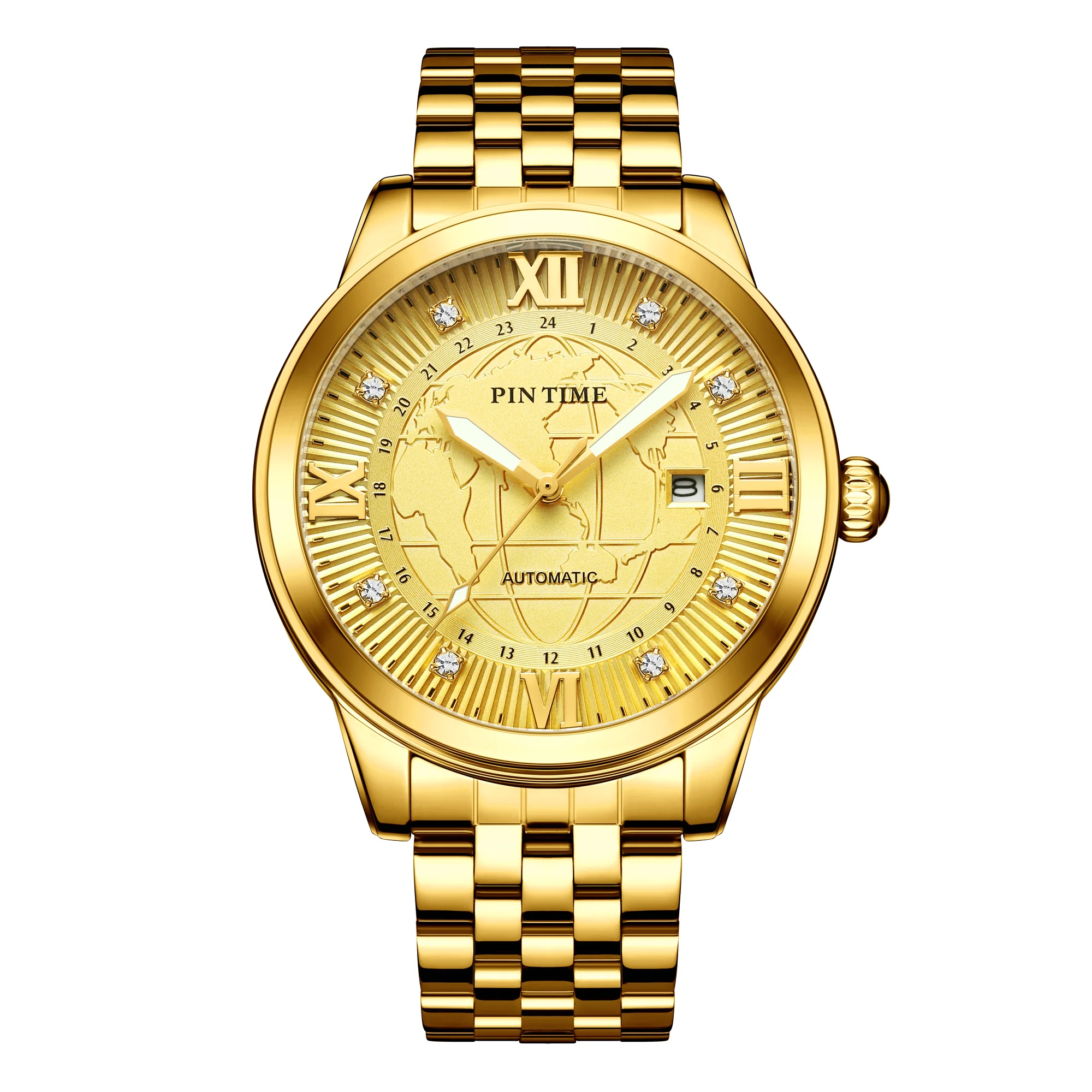 Men Business Casual Dress Gold Watch Stainless Steel Automatic Movement Mechanical  Diamond Dial Wristwatch