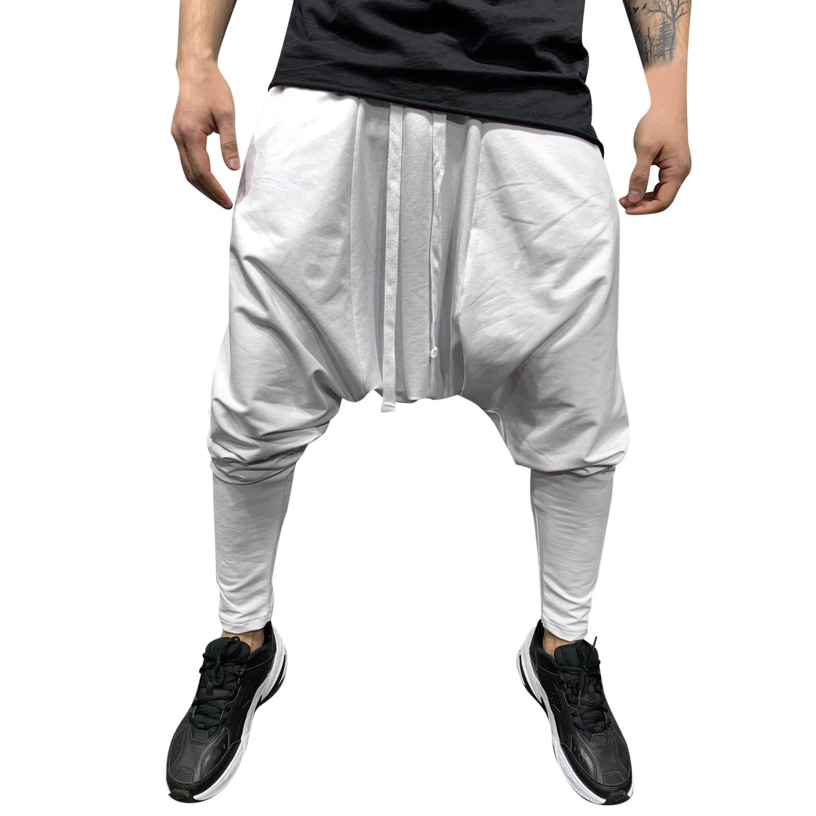 Mens Hip Hop Trend Pants Loose Solid Color Harlan Cropped Trousers Street Sports Casual Drop-Crotch Trousers For Man Ropa Hombre