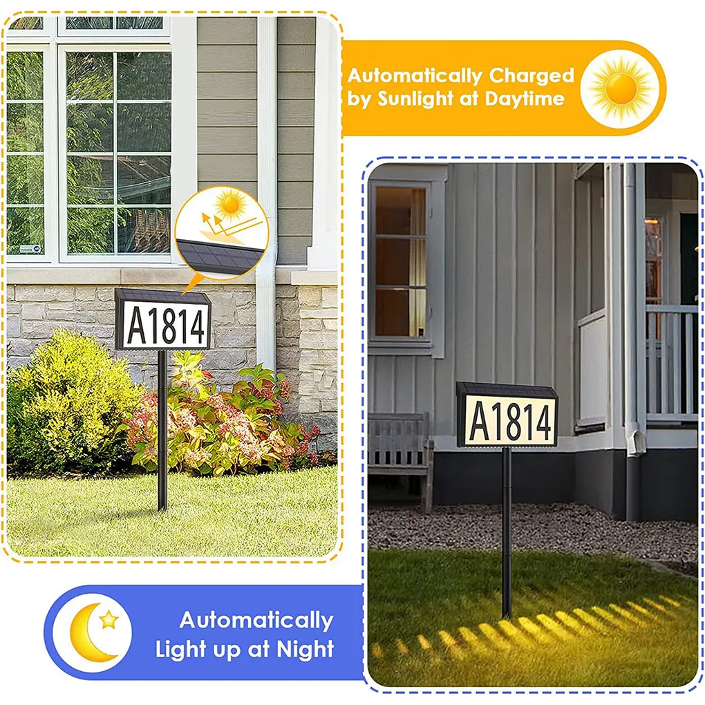 Solar Powered Address Sign House Numbers Waterproof 3-Color Lighting Modes LED Illuminated Address Plaque with Stakes for Home