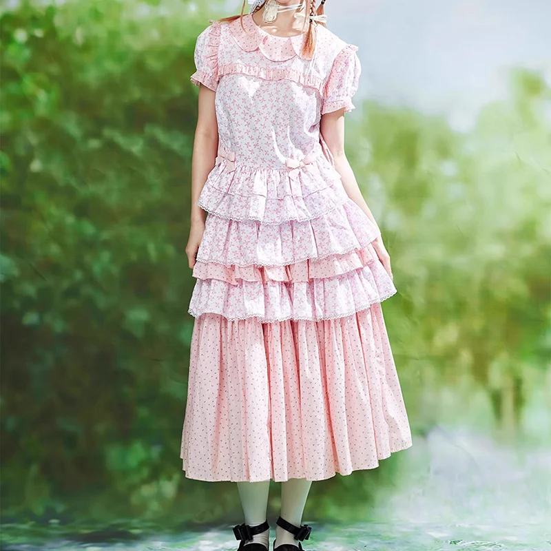 2024 giapponese retrò rosa torta gonna per l'estate Lolita carino dolce ragazza pieghettata floreale principessa kawaii gonna abiti due pezzi set