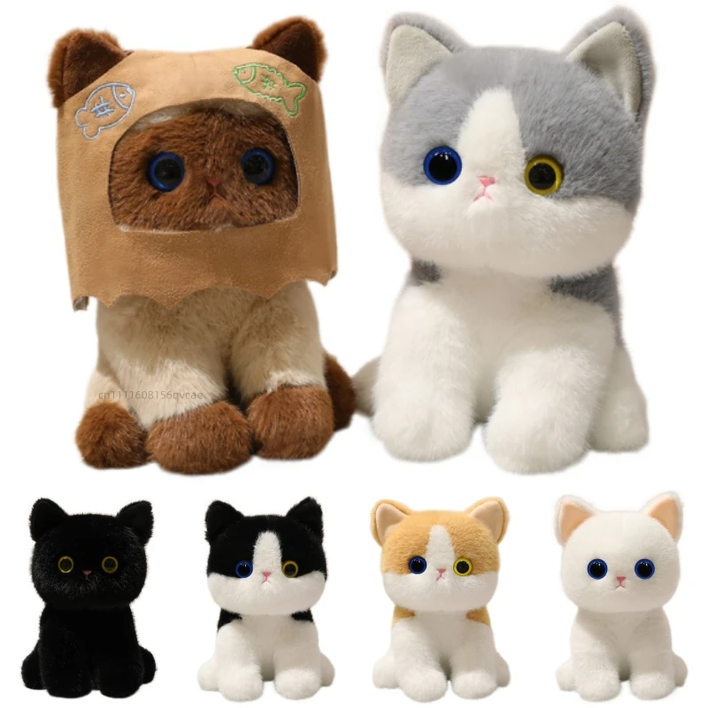 25cm Cartoon Creative Soft Siamese Cat Plush Doll Pillow Cute Fish Head Cover Hat Stuffed Animal Home Decor Gift For Children