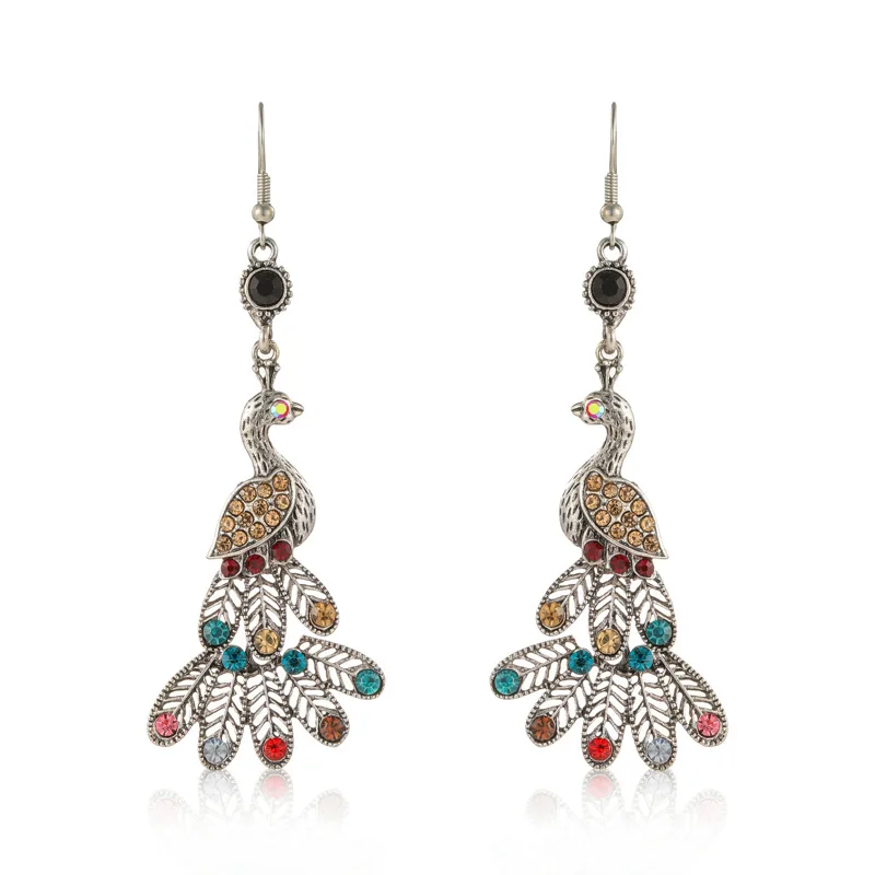 Ethnic Peacock Jhumka Earrings Women Silver Color Geometry Alloy Bohemia Classic CZ Earrings Statement Hangers