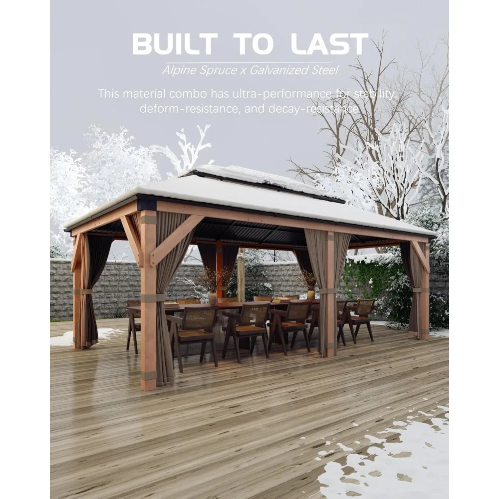 شرفة خشبية صلبة مقاس 12 × 20 قدمًا، شرفة دائمة لجميع الأحوال الجوية مع سقف وستائر معدنية مزدوجة #4