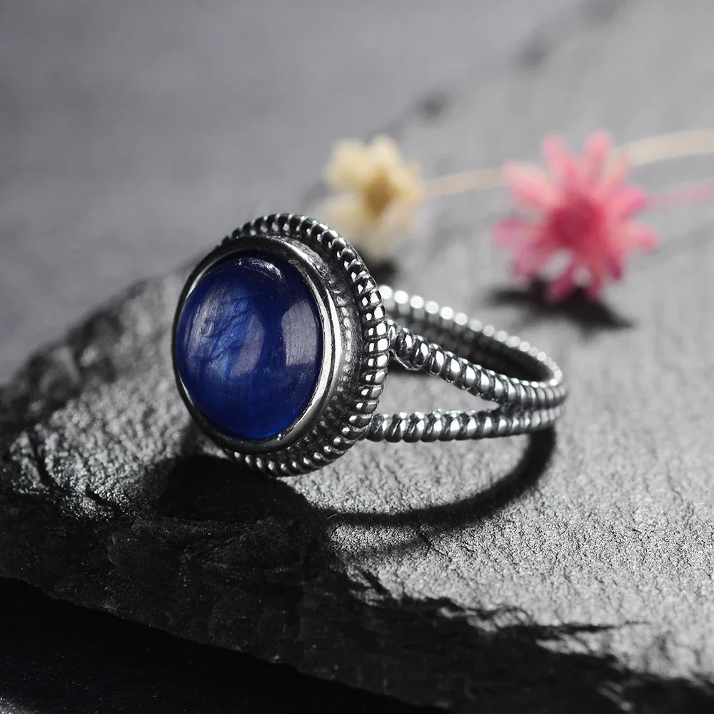 Nasiya Vintage Natural Round 10mm Kyanite Rings for Women S925 Sterling Silver Ring Fine Jewelry Party Anniversary Birthday Gift