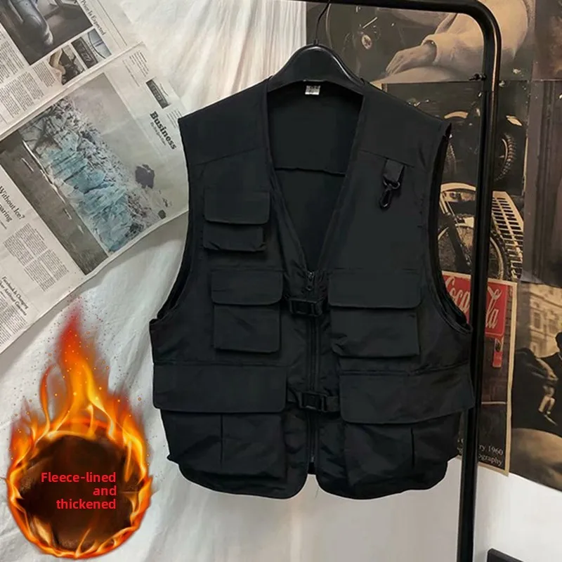 Loose Fit Men's Fleece Lined Thickened Warm Sleeveless Vest Fashionable Autumn Winter Outerwear Unisex V-Neck Casual Jacket
