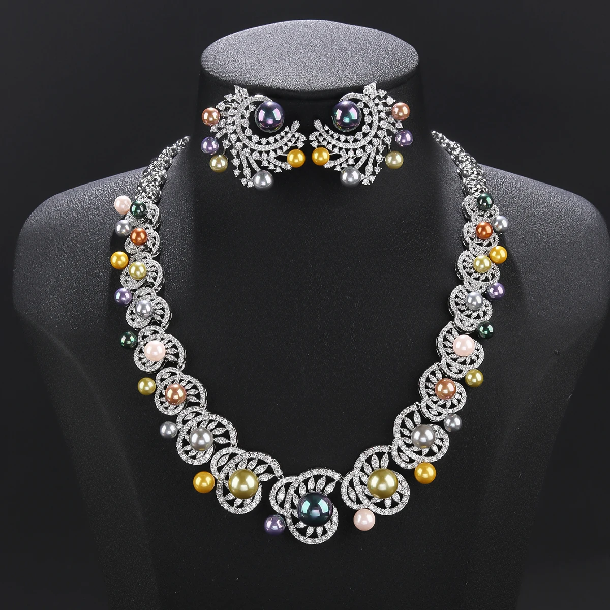 Luxury Choker Heptacolor Big Pearl Necklace Earring Set White Cubic Zirconia Wedding Bridal Party Jewelry Sets For Women CN11297