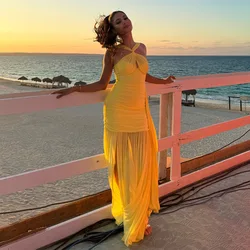 Prom Gown Evening Dresses Women Luxury 2025 Autumn Sexy Halter Party Outfits Brithday Outfits Yellow Long Dress Elegant Gowns