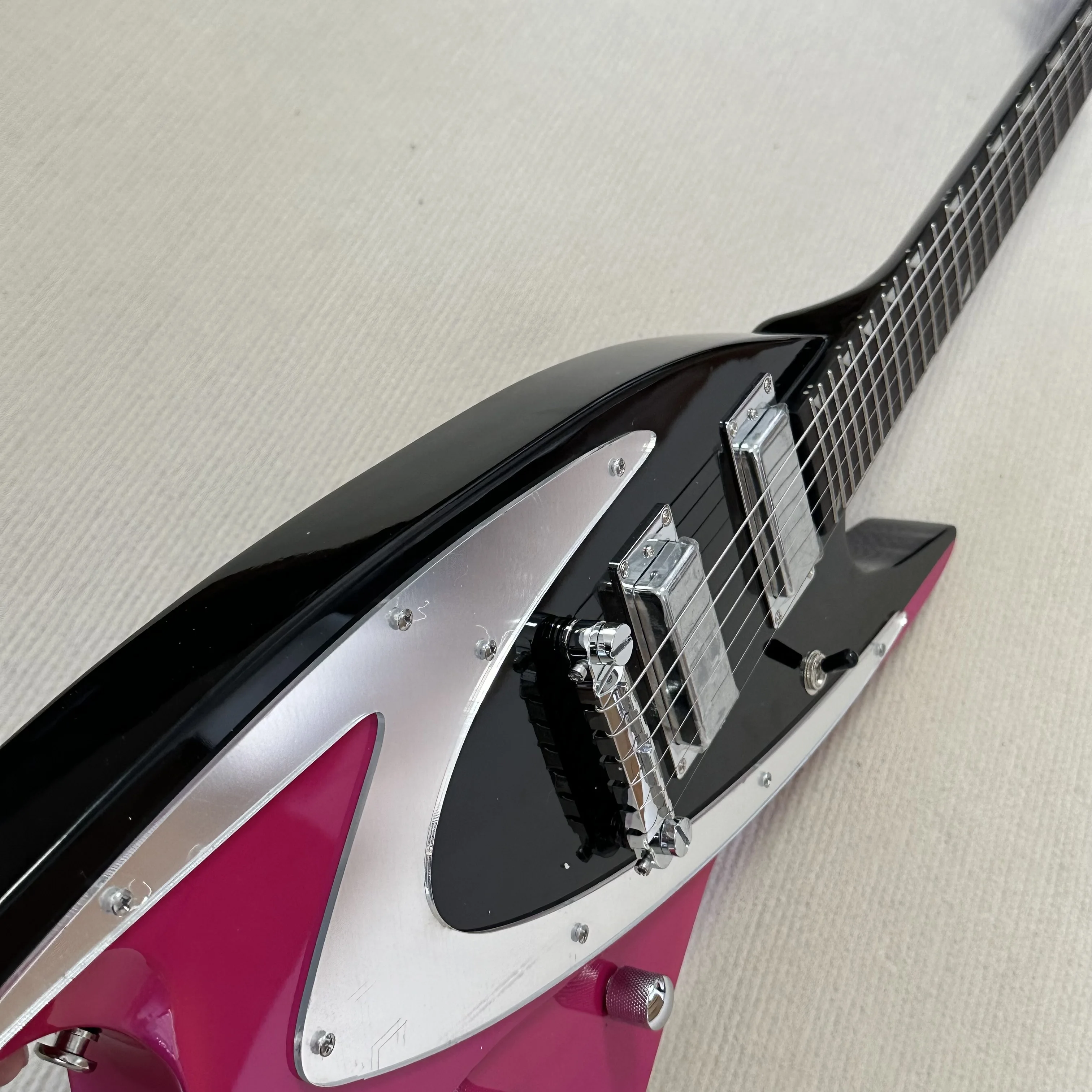 US Warehouse Custom Shark V Style Electric Guitar Two-Tone Gloss Pink and Black Solid Wood Body Dual Chrome Humbuckers Rosewood Fretboard Triangle Inlays Eye-catching Stage Rock Guitar