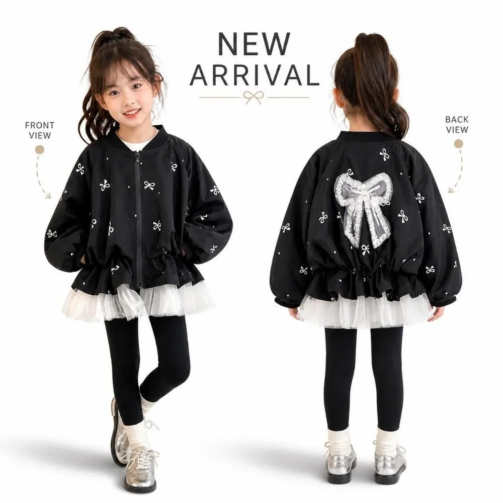 Puff Long Sleeve Children's Bowknot Jacket Lace Bow Black Girls Baseball Jacket Patchwork Princess Outerwear Fashion Coat