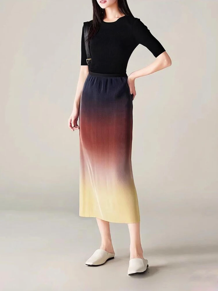 Women's Summer Gradient Skirt Pleated Gradient Skirt New Summer High-end Contrast Color Elastic Waist Faldas Female SK104