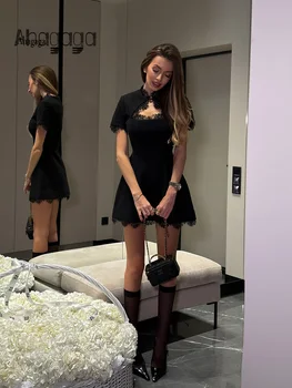 Ahagaga Sexy Women's Mini Dresses Patchwork Short Sleeves Lace Hollow Out Slim Fit Trend Baisc Turtleneck Streetwear Female Robe