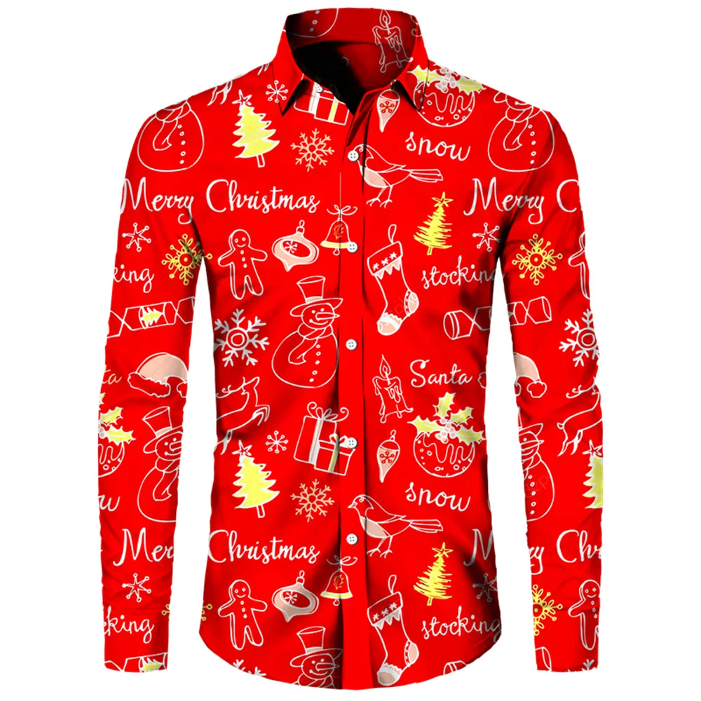 Christmas Themed 3D Printed Men's Long Shirts For Street Parties, Plus Size Hot Selling Fashionable Shirts, Christmas Cottages