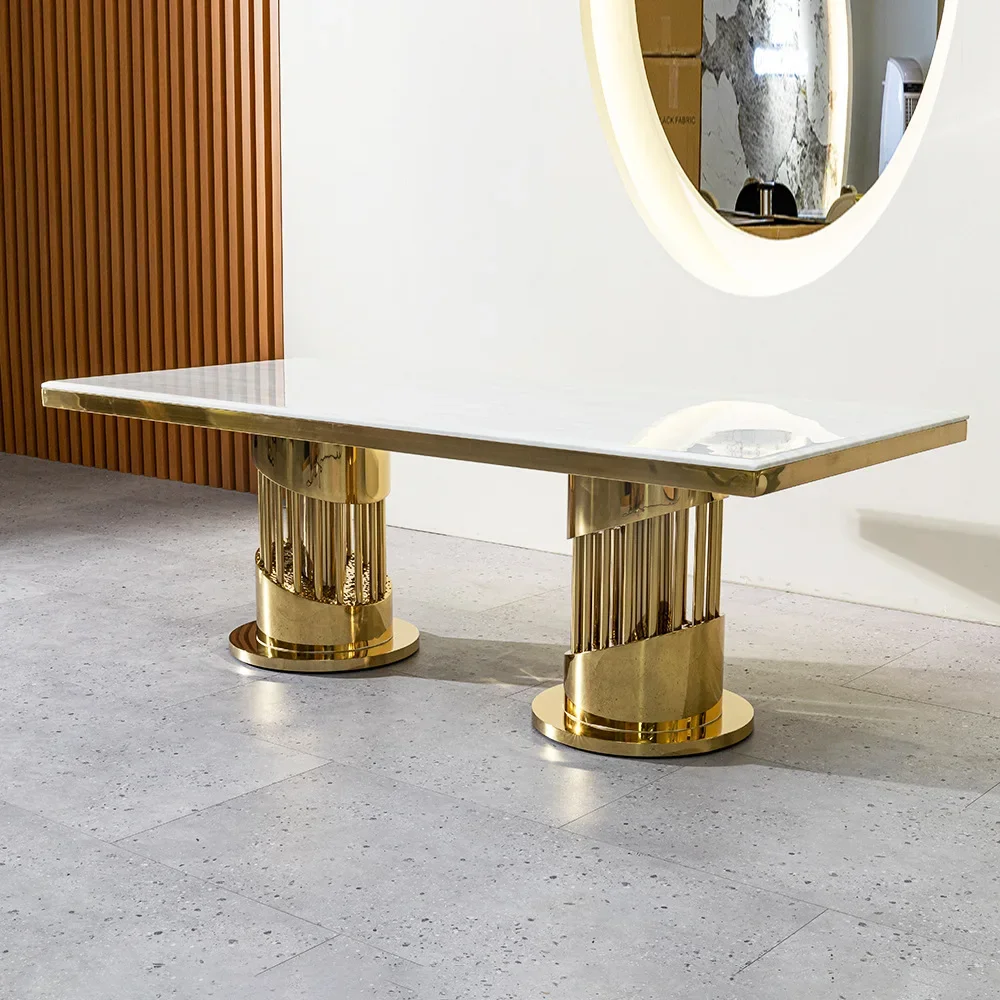 Light luxury marble dining table household high-end rectangular stainless steel table dining room furniture