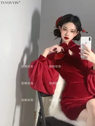 Chinese TVVOVVIN Cheongsam Style Mini Dress Mesh Lace Long Sleeve Red Velvet Fashion Women Robe Sweet Korean Tops ARW8