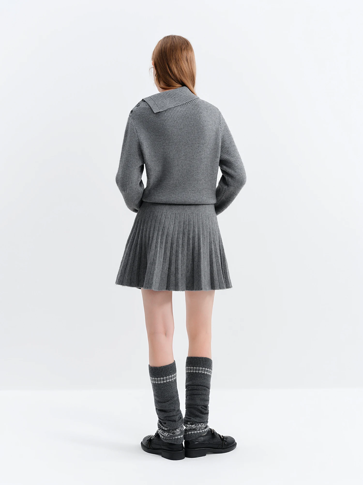 Fsle vestido cinza de malha doce estilo balé para mulheres 2025 inverno novo ombro oblíquo lapela plissado mini vestidos linha a