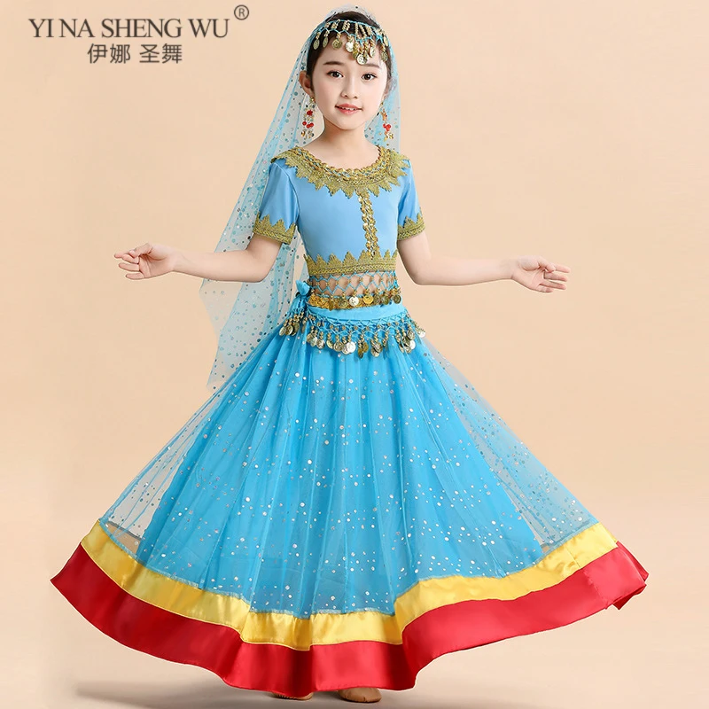 Children Festival Halloween Costumes Indian Dance Belly Dance Kids Bollywood Costumes Princess Fancy Outfit India Girl Top Skirt