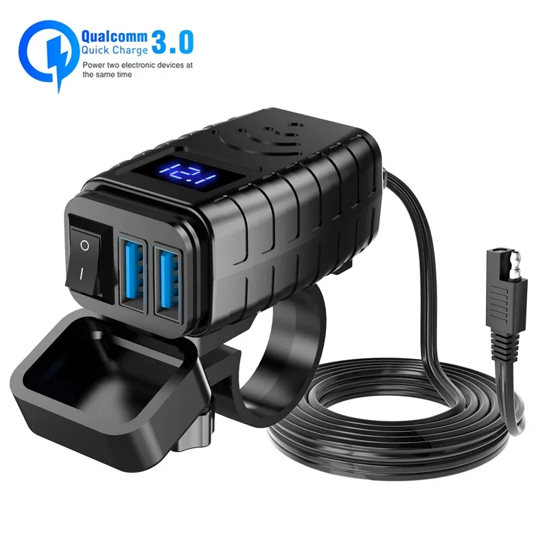 12V Dual QC3.0 Motorcycle USB Fast Cellular Charger Waterproof USB Port Socket Connector with Digital Voltmeter Moto Accessories