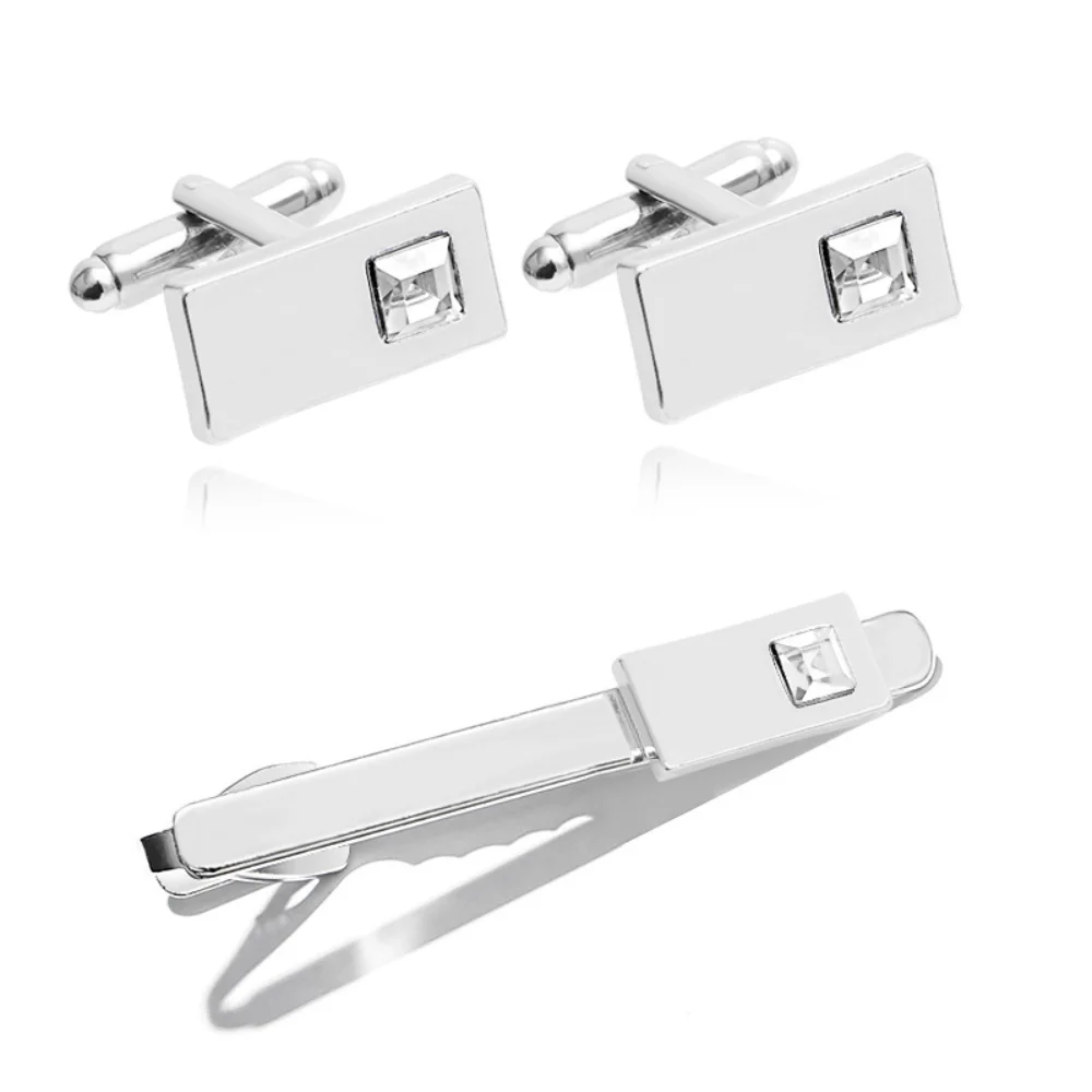 Simple Square Diamond Studded Cufflinks and Tie Clip Set Business Men's Accessories Decorative Sleeve Studs for Suit Shirts