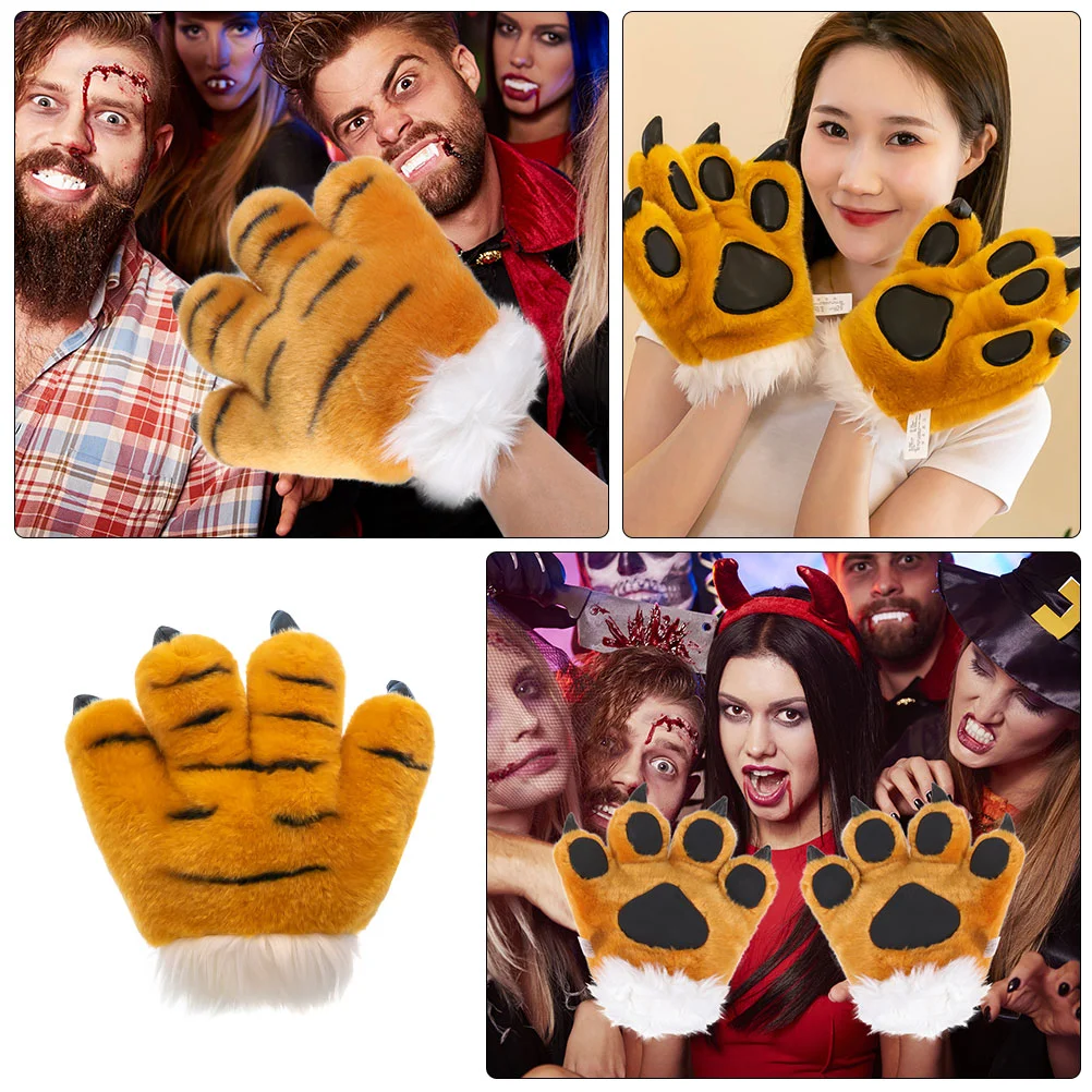 Simuliertes Tigerpfoten-Stirnband für Jungen, Kinder-Tierkostüm, kurze Plüschpfoten, warme Fäustlinge