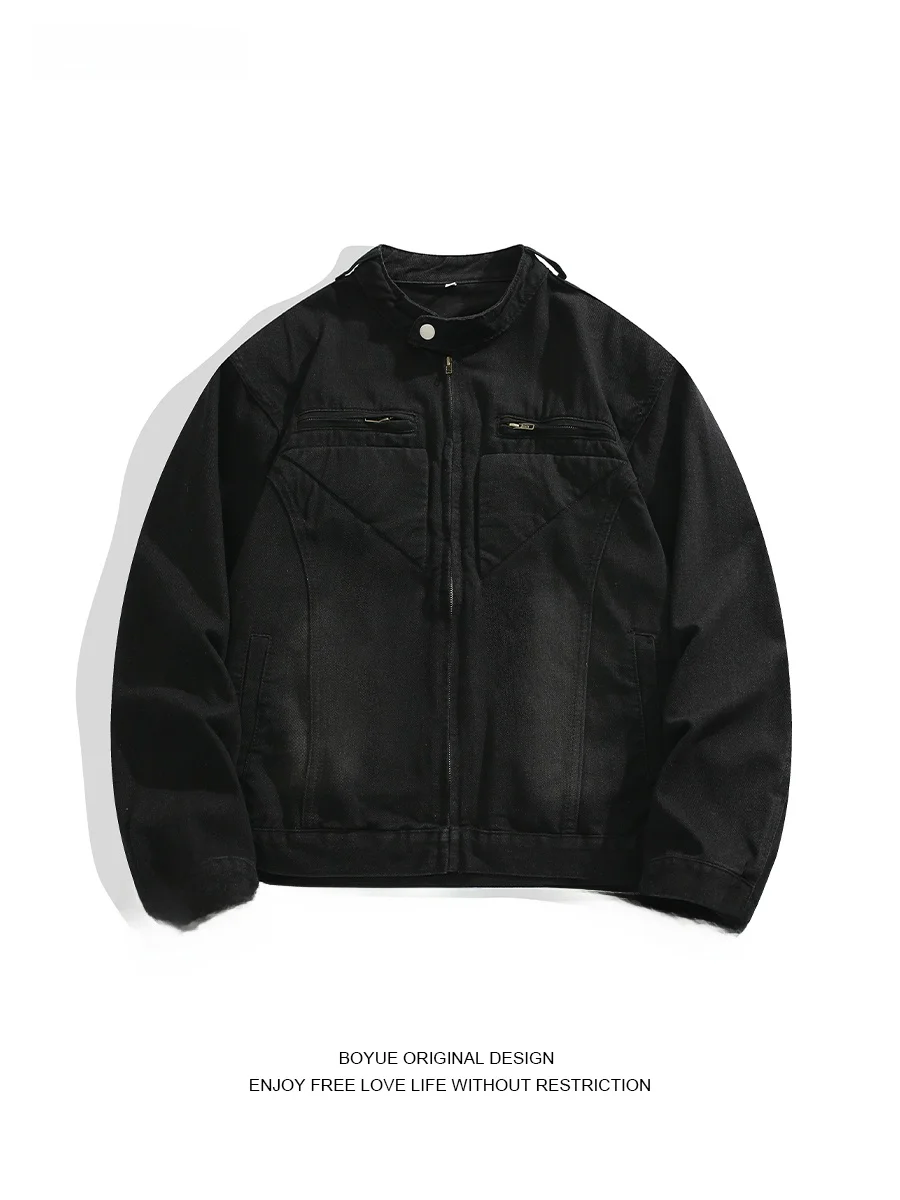 

Boyue American Retro Decosition Design oulder Pad Denim Jaet ex Waed out Jaet Youth Faion Autumn Outerwear