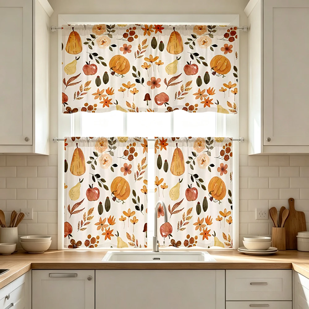 Fall Kitchen Curtains, Watercolor Pear Apple Fruit, Digital Print, Kitchen Dining Room, Rod Pocket Polyester, Home Decor