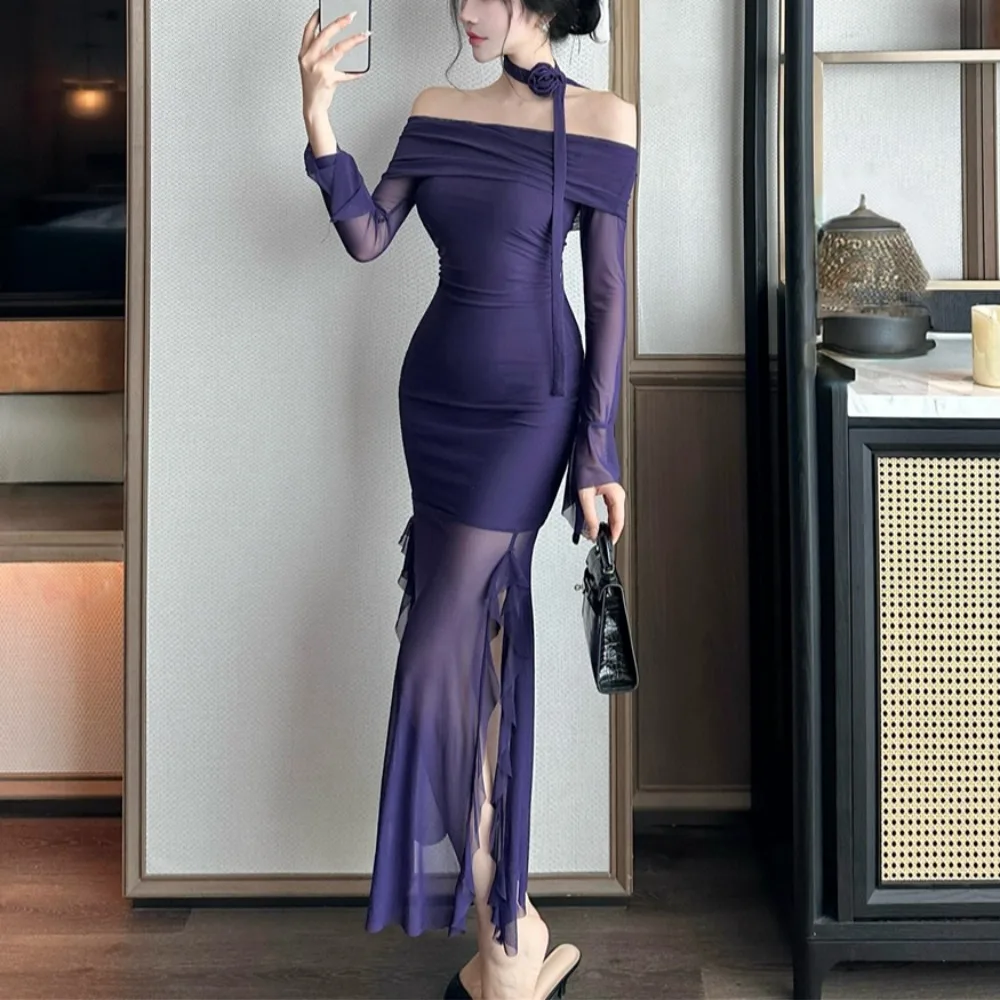 

Сексуальное мягкое Me Long Sve на одно плечо Dr с высокой талией и разрезом, высокоэластичное полиэфирное волокно, дышащее, приятное для кожи, ежедневно...