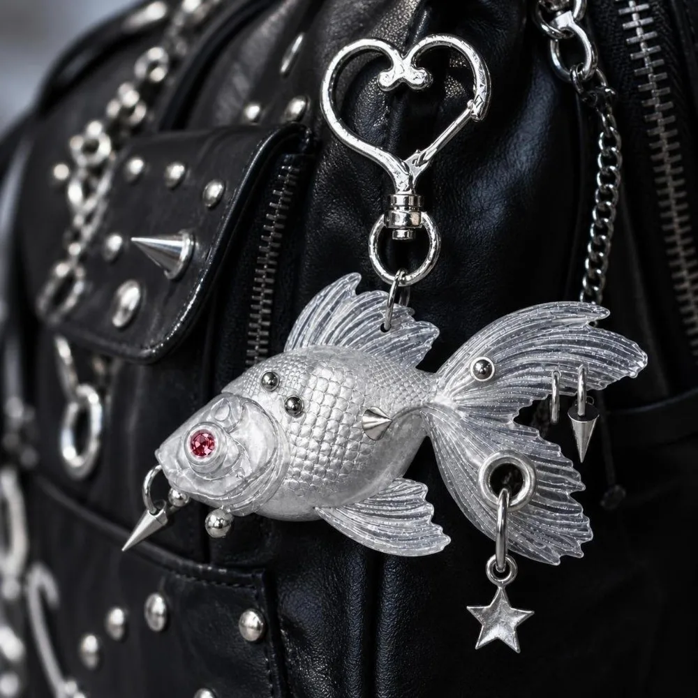 Unique 3D Printed Goldfish Keychain Dark Rivet Tassel Detail Gothic Pendant Keychain Rock Fish Pendant Keychain Bag Decoration