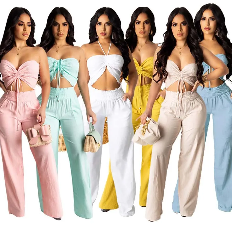 

Pant Set Women Two Piece Sets Halter Matching Sets V Neck Backless Short Tops Wide Leg Long Pants Elastic Waist Casual Summer