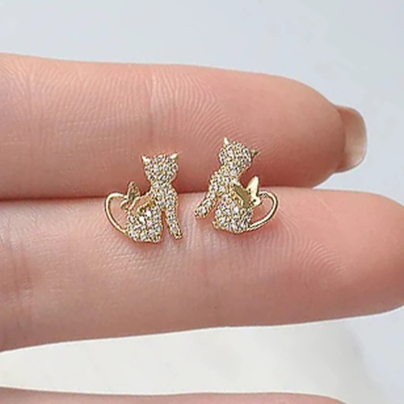 Huitan Cute Gold Color Cat Stud Earrings Female Delicate Shiny Zirconia Accessories for Daily Life Teen Girls Exquisite Jewelry