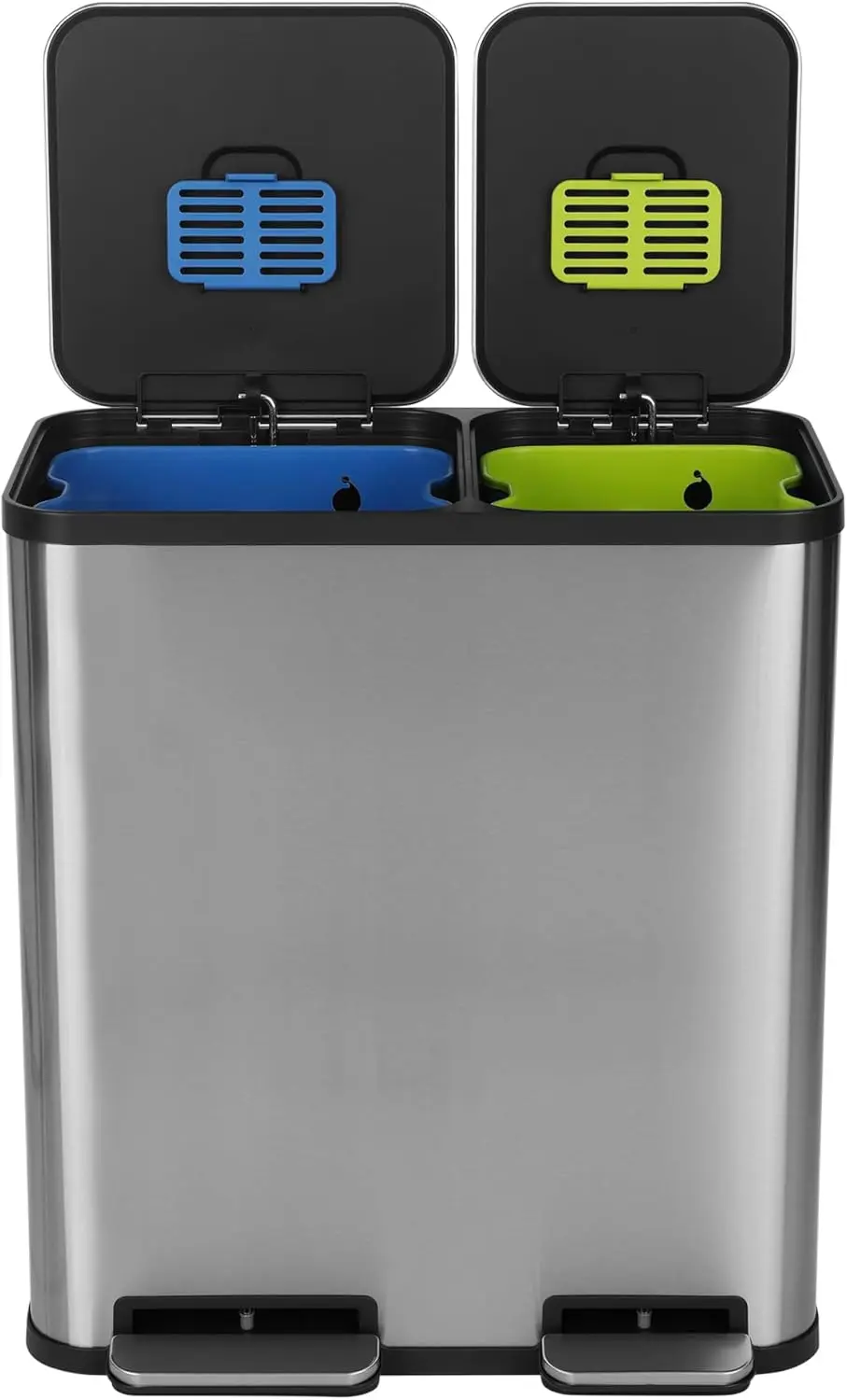 

Dual Compartment Step Trash Can with Slow-Close Lid, Odor Control, Hands-Free, Stainless Steel Kitchen Garbage Bin