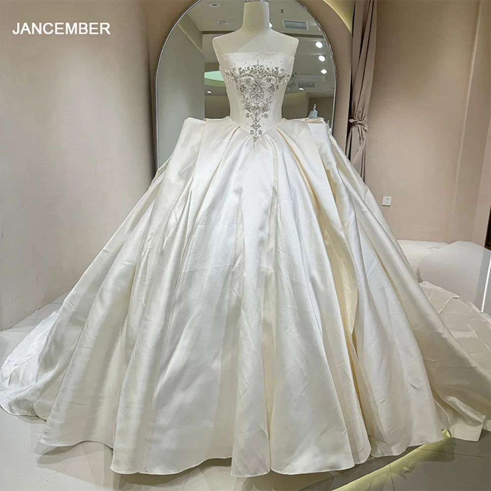 Princess Ball Gowns Satin Wedding Dresses for Bride Strapless Sleeveless Backless Court Train Customised فساتين حفلات