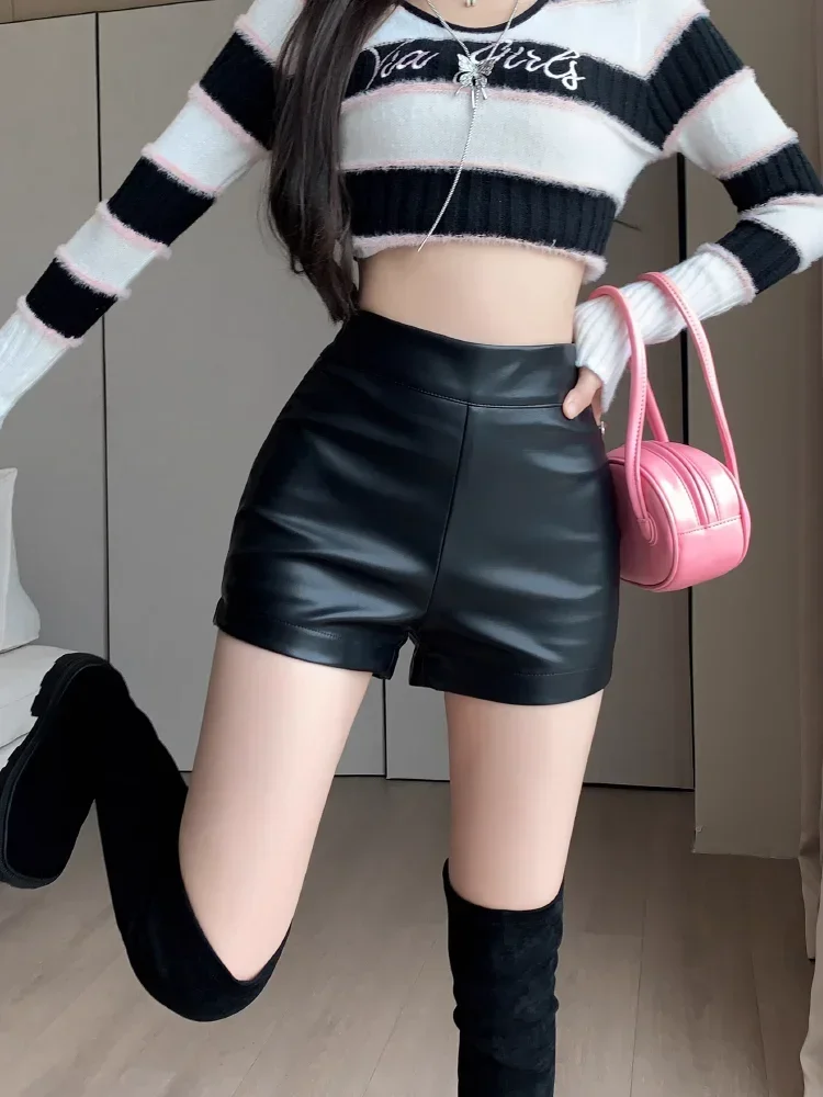 Leather Shorts Black Y2k Shorts Women's Spring and Summer High Waist Bag Hip Sexy Pu Leather Bottoming Elastic Tight Shorts