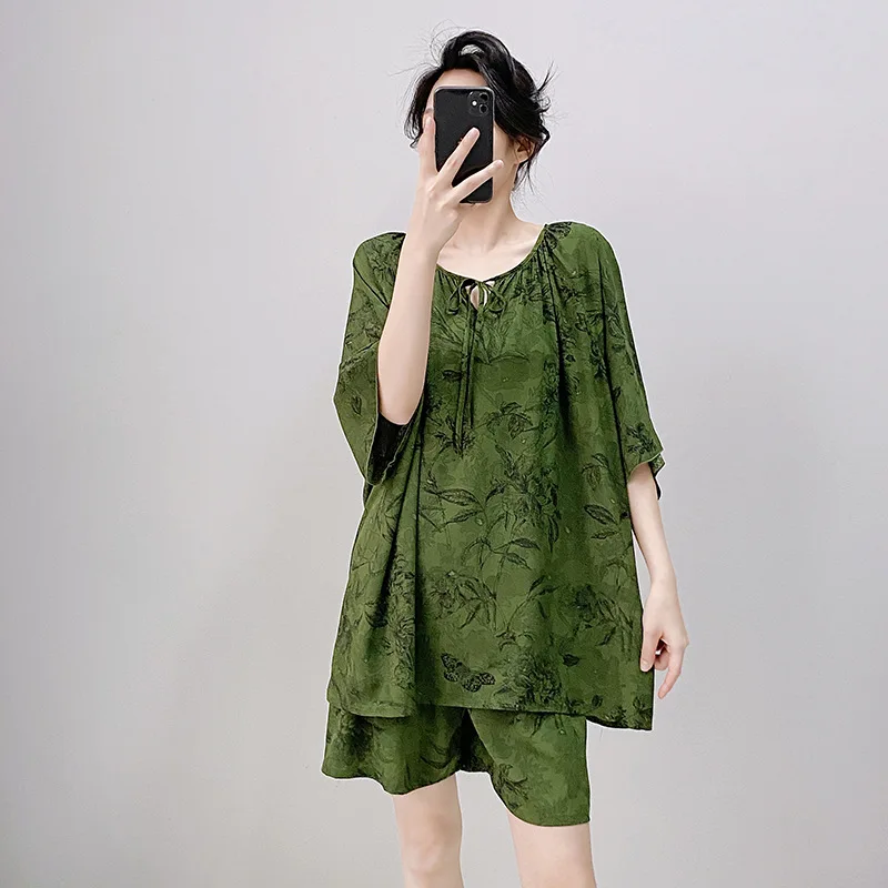 Cotton Silk Pajamas Sets Women's Summer Short-sleeved Tops Shorts Pants 2PCS Large Size Print Sleepwear Set Thin Loungewear Suit 2