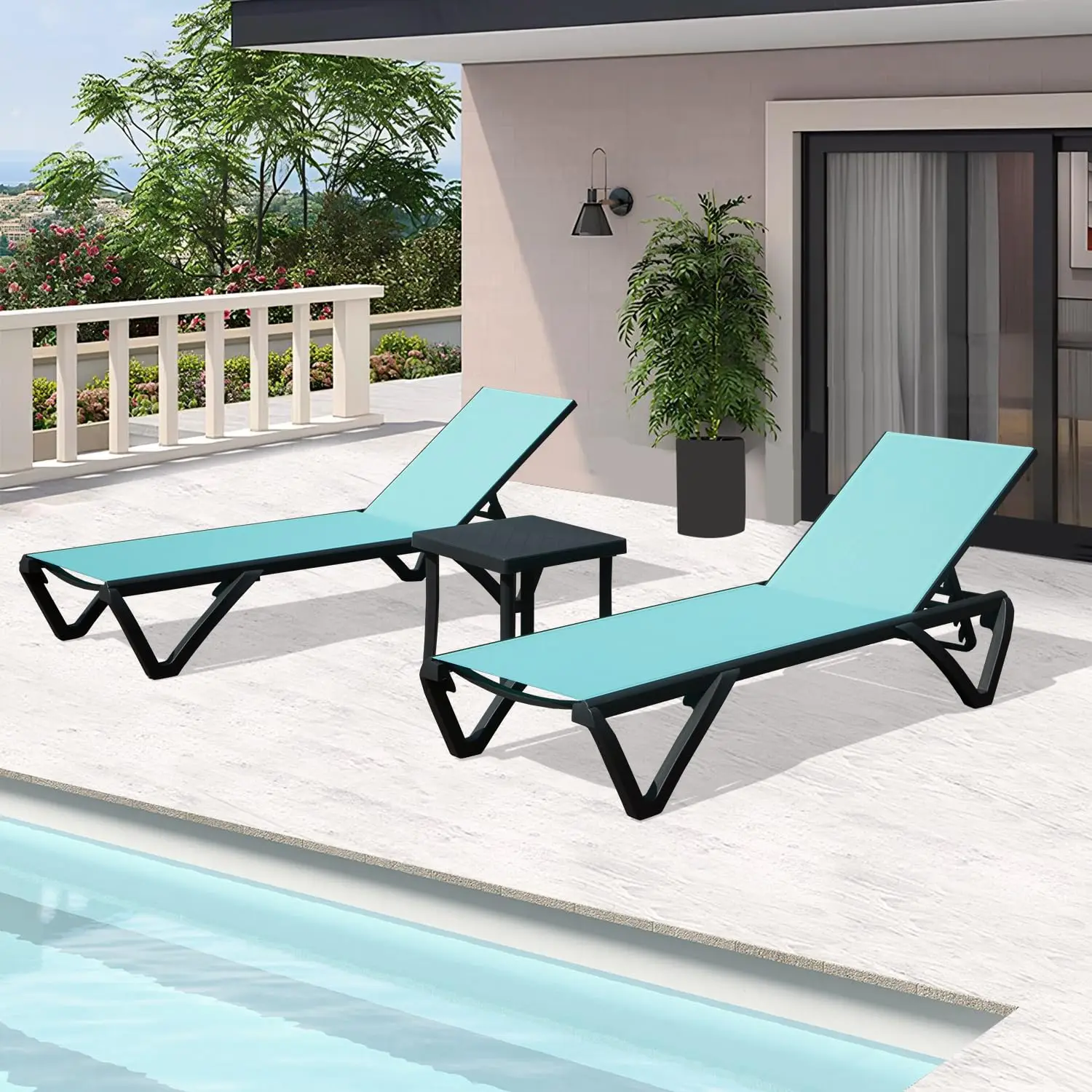 

！@！@3pcs Adjustable Aluminum Outdoor Sun Loungers Blue Textilene Side Table All Weather Leisure Deck Lawn Poolside Backyard Lake