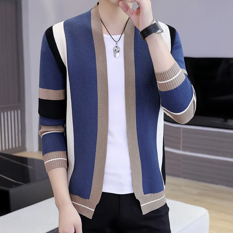 

Spring Autumn Men's Cardigan Striped Sweatercoat Long Sleeve Knitted Sweaters Fashion Slim Fit Streetwear Knit Jacket Coat Men