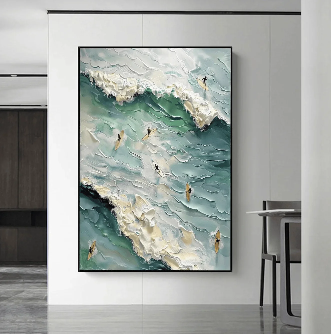 1pc frameless Canvas Painting Thick Texture Ocean Surfer Wall Art Canvas Prints Posters Decor, Green Wave Seascape Art for Livin