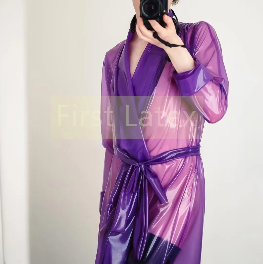 

Handmade Natural Transparent Purple Fetish Latex Woman Night Skirt Gummi Rubber Latex Trench Coat Halloween Cosplay Costume