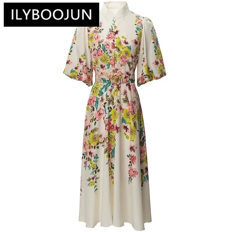

ILYBOOJUN Fashion Women's Shirt Collar Lantern Half -Sleeved Single-Breasted Lace-Up Printed Beaded MIDI Dress