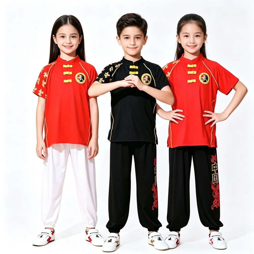 Kids Wushu Uniform Short Sleeve Kung Fu Suit Boys Girls Chinese Martial Arts Training Clothes Stage Performance Costume Set