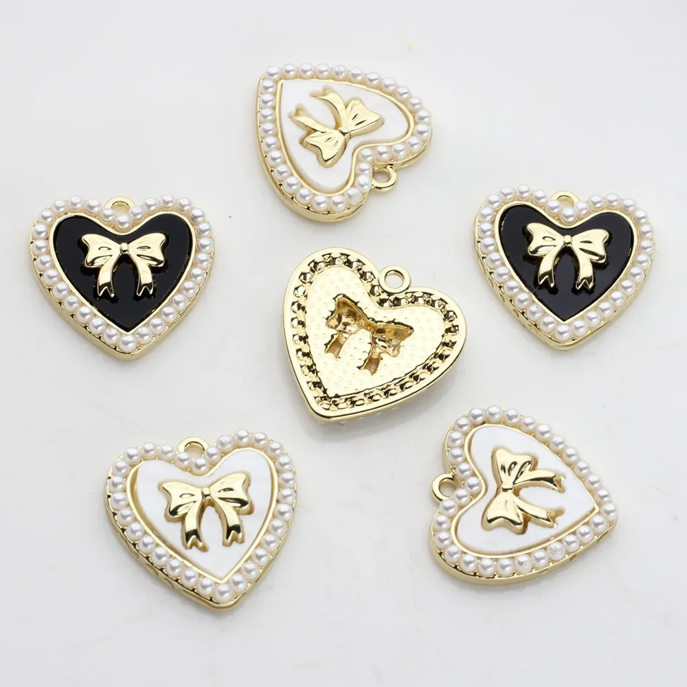 Zinc Alloy Charms Imitation Pearl Bow Heart Charms 21mm 2PCS For DIY Jewelry Making Bulk Wholesale Earring Charms