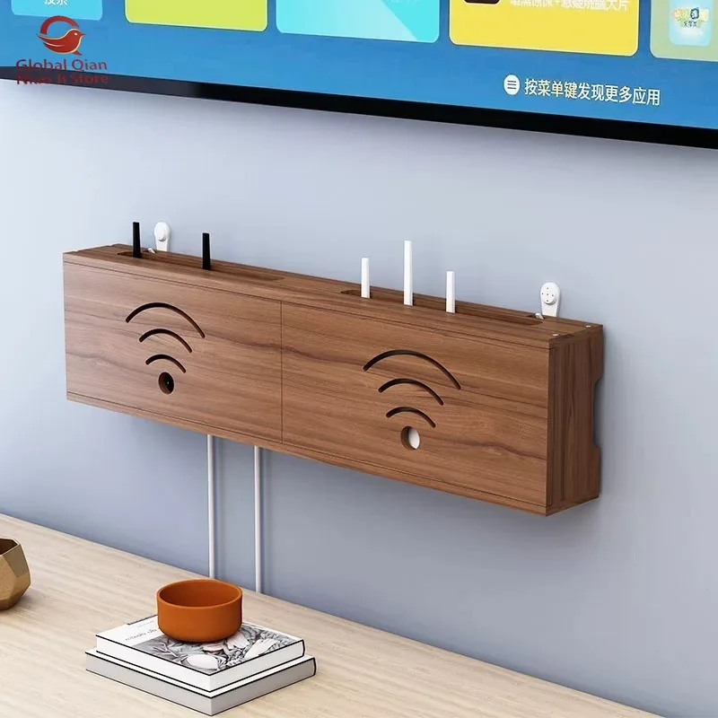 Solid Wood Wall-Mounted Router Storage Box for Hiding WiFi Set-Top Boxes, TV Cables, Sockets and Power Strips