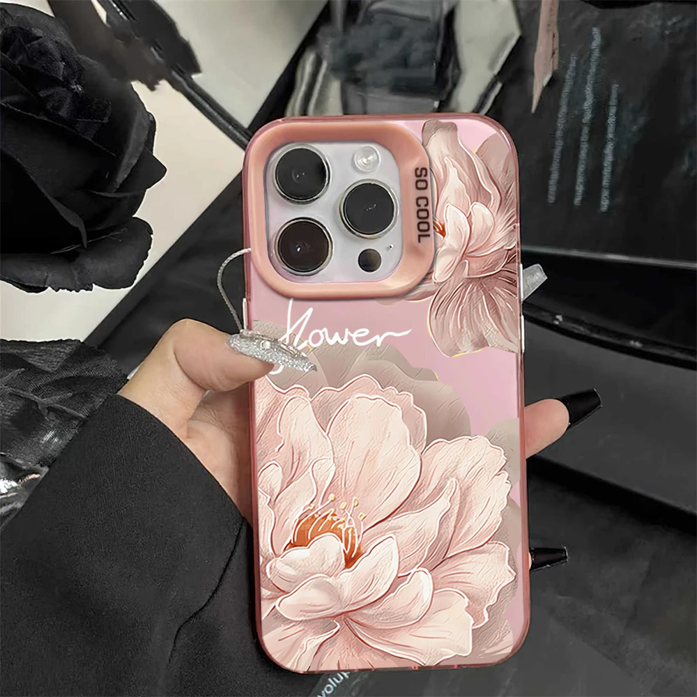 Caixa de telefone a laser IMD prata galvanizada, flores cor-de-rosa, casca macia, casca colorida para iPhone 16, 12, 13, 14, 15 Pro Max, Plus