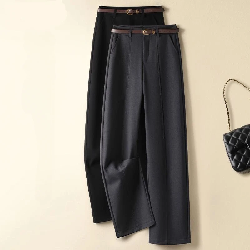 Pantaloni a gamba dritta da donna 2025 Primavera Nuovi pantaloni da donna drappeggiati sottili a vita alta Nero Grigio Pantaloni a gamba larga di fascia alta da donna