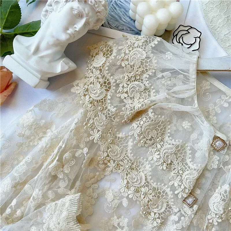 Vintage Lace Embroidery Organza Pearl Collar Long Puff Sleeve Shirt Female Retro Chic Cottage Hollow Out Eyelet Victorian Blouse