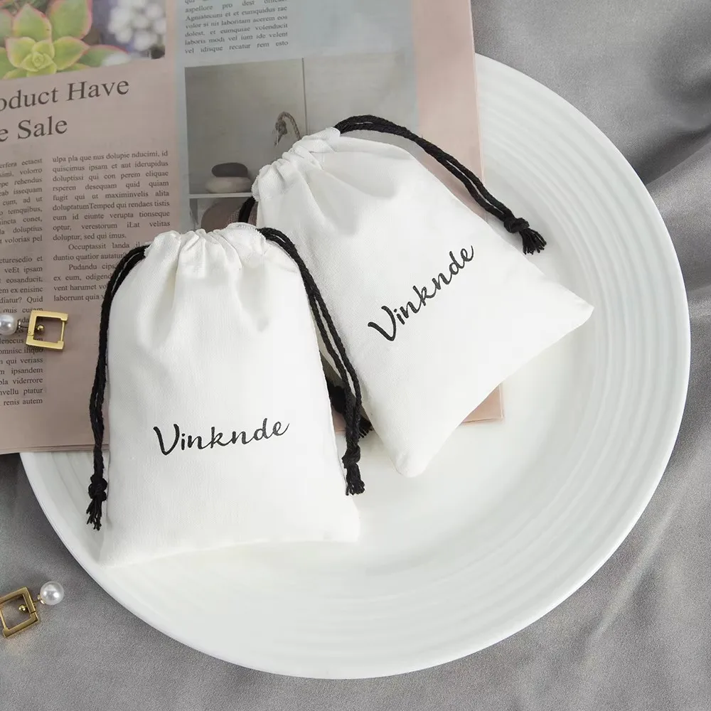 

50 Pieces of Personalized Customizable Logo White Canvas Bag with Drawstring Design Jewelry Storage Bag Solid Color Mini Pouch