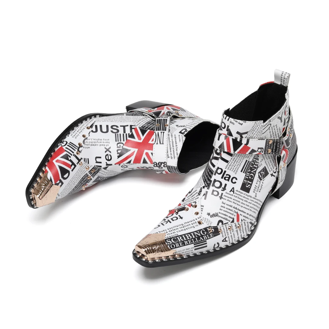 Botas British Newspaper Pattern Party Prom Dress Boots For Men Business Leather Shoes Large Size Male Motorcycle Ankle Boots